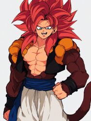 1boy blue_eyes blue_sash body_fur dougi dragon_ball dragon_ball_gt highres komesan_0212 long_hair looking_at_viewer male_focus metamoran_vest monkey_boy monkey_tail muscular muscular_male no_nipples pants pectorals red_hair saiyan sash smile solo spiked_hair super_saiyan super_saiyan_4 tail