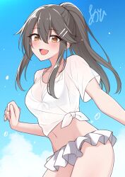 1girl akahi242 alternate_hairstyle artist_name bikini bikini_skirt bikini_under_clothes black_hair blue_sky brown_eyes cloud commentary_request hair_ornament hairclip haruna_(2016_swimsuit)_(kancolle) haruna_(kancolle) highres kantai_collection long_hair official_alternate_costume ponytail shirt sky smile solo swimsuit t-shirt tied_shirt white_bikini white_shirt