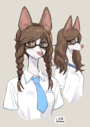 1girl body_fur braid brown_background brown_eyes brown_fur brown_hair commentary_request dog_girl furry furry_female glasses highres kikurage_(crayon_arts) long_hair looking_at_viewer multiple_views original shirt simple_background solo twin_braids upper_body white_shirt