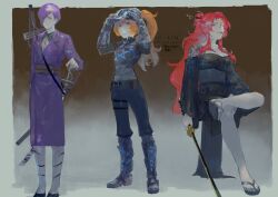 1boy 1girl 2girls absurdres belt black_hat black_kimono black_shirt black_shoes blue_pants border breasts brown_background brown_eyes cleavage cloud_tattoo coat collared_shirt cosplay full_body gauntlets gebura_(project_moon) grey_border grey_eyes grey_vest hair_ornament hat heterochromia highres holding holding_sword holding_weapon iori_(project_moon) iori_(project_moon)_(cosplay) irezumi japanese_clothes katana kimono library_of_ruina long_hair long_sleeves looking_at_viewer malkuth_(project_moon) mownai1648 multiple_girls off_shoulder orange_hair pants parted_bangs ponytail project_moon purple_coat purple_hair red_hair sandals sayo_(project_moon) sayo_(project_moon)_(cosplay) scar scar_across_eye scar_on_face shirt shoes shoulder_tattoo simple_background smoking standing sword tattoo vest w_corp._(identity)_(project_moon) weapon yellow_eyes yesod_(project_moon)