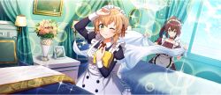 Rule 34 | 2girls, ahoge, alternate costume, apron, bed, bed sheet, bedroom, black dress, blonde hair, breasts, brown dress, brown hair, chandelier, cielo (konosuba), closed mouth, collarbone, curtains, dress, enmaided, frilled apron, frills, game cg, green eyes, hair between eyes, hand on own head, high ponytail, highres, holding, holding sheet, indoors, juliet sleeves, kono subarashii sekai ni shukufuku wo!, konosuba! fantastic days, lean (konosuba), light blush, long hair, long sleeves, maid, maid apron, maid headdress, mirror, multiple girls, necktie, nightstand, official alternate costume, official art, one eye closed, ponytail, puffy short sleeves, puffy sleeves, raised eyebrows, red necktie, short hair, short sleeves, sidelocks, single sidelock, small breasts, smile, sunlight, sweat, vase, wavy hair, white apron, window