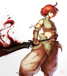 1girl ahoge earrings female_focus holding holding_weapon jewelry red_eyes red_hair revya_(female) short_hair solo soul_cradle sword torihasiden weapon