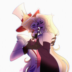 Rule 34 | 1boy, 1girl, blonde hair, blush stickers, commentary, couple, demon boy, demon girl, english commentary, hair slicked back, hazbin hotel, hetero, highres, husband and wife, kazimir29, lilith (hazbin hotel), lucifer morningstar (hazbin hotel)