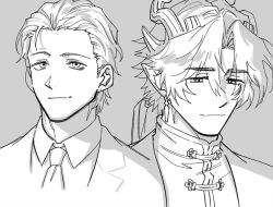 Rule 34 | 2boys, arknights, chongyue (arknights), closed mouth, collared jacket, collared shirt, commentary request, doctor (arknights), dragon boy, dragon horns, earrings, grey background, greyscale, horns, jacket, jewelry, korean commentary, long hair, looking at viewer, low ponytail, male doctor (arknights), male focus, mandarin collar, monochrome, multiple boys, necktie, nills, pointy ears, ponytail, portrait, shirt, short hair, simple background, smile