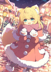 1girl animal_ear_fluff animal_ears blonde_hair blush boots capelet coat dress fang fox_ears fox_girl fox_tail fur-trimmed_boots fur-trimmed_capelet fur-trimmed_dress fur_trim green_eyes highres long_hair long_sleeves looking_at_viewer mittens night open_mouth original outdoors red_boots red_capelet red_dress scarf skin_fang smile snow snowing solo tail tyomimas white_mittens winter_clothes