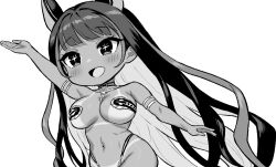 animal_ears azur_lane azur_lane:_slow_ahead bikini blush breasts chibi chibi_only cleopatra_(azur_lane) cleopatra_(stars_and_roses)_(azur_lane) cropped_legs dark-skinned_female dark_skin greyscale hori_(hori_no_su) jackal_ears jackal_girl large_breasts legs long_hair monochrome navel open_mouth simple_background smile solo standing star-shaped_pupils star_(symbol) swimsuit symbol-shaped_pupils tan tanline very_long_hair white_background