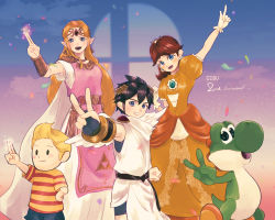 2boys 2girls anniversary belt black_hair blonde_hair blue_eyes breasts brown_hair crown dinosaur dress gloves grin hand_up highres kid_icarus kid_icarus_uprising looking_at_viewer lucas_(mother_3) magic mario_(series) mother_(series) mother_3 multiple_boys multiple_girls nintendo open_mouth orange_dress party pink_dress pit_(kid_icarus) princess_daisy princess_zelda puffy_short_sleeves puffy_sleeves short_hair short_sleeves shorts smile super_mario_land super_mario_world_2:_yoshi&#039;s_island super_smash_bros. super_smash_bros._logo tail the_legend_of_zelda the_legend_of_zelda:_a_link_between_worlds tiara toga tomboy triforce_print v wings yoshi