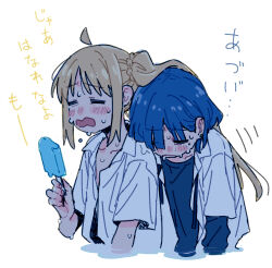 ahoge blonde_hair blue_hair blue_shirt blush bocchi_the_rock! closed_mouth collarbone food ice_cream ijichi_nijika long_hair non-web_source open_clothes open_mouth ree_(re-19) shirt short_hair side_ponytail sweat upper_body wavy_mouth white_shirt yamada_ryo