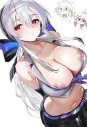 3girls absurdres akita_neru bare_shoulders belt black_pants black_sleeves blonde_hair bow breasts closed_mouth crop_top detached_sleeves grey_vest hair_between_eyes hair_bow headphones highres kasane_teto large_breasts multiple_girls navel necktie nipple_slip nipples pants pink_hair purple_belt purple_necktie red_eyes stomach striped_bow suujiniku vest vocaloid voiceroid white_hair yowane_haku