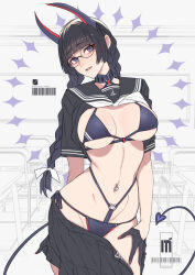 1girl ban!_(bansankan) barcode bikini black-framed_eyewear black_bikini black_choker black_gloves black_hair black_sailor_collar black_serafuku black_shirt blunt_bangs braid breasts chair chalkboard choker classroom cleavage clothes_lift clothes_pull contrapposto demon_girl demon_tail desk glasses gloves hair_ribbon heart horns indoors large_breasts long_hair looking_at_viewer mole mole_on_breast navel navel_piercing neck_ribbon neckerchief open_clothes open_skirt original parted_lips piercing purple_eyes ribbon sailor_collar school_chair school_desk school_uniform serafuku shirt shirt_lift short_sleeves side-tie_bikini_bottom skirt skirt_pull smile solo swimsuit tail twin_braids unzipped white_neckerchief white_ribbon zipper_pull_tab