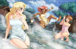 Rule 34 | 3girls, arm support, barefoot, blonde hair, blush, body markings, brown hair, commission, convenient censoring, dark-skinned female, dark skin, day, dutch angle, earrings, facial mark, fang, hand on own chest, jewelry, jumping, kanzaki hitomi, leaning to the side, long hair, looking at another, making-of available, maxa&#039;, medium hair, merle (tenkuu no escaflowne), millerna aston, multiple girls, naked towel, one eye closed, open mouth, outdoors, paid reward available, parted lips, pink hair, pointy ears, purple eyes, short hair, sitting, slit pupils, smile, soles, squatting, steam, tail, tenkuu no escaflowne, toes, towel, very long hair, water, watermark, web address, wet