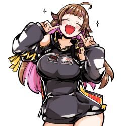 Rule 34 | 1girl, absurdres, ahoge, bare shoulders, black shirt, blunt bangs, bow, breasts, brown hair, closed eyes, clothing cutout, colored inner hair, cowboy shot, fingers to cheeks, flipped hair, head tilt, highres, hood, igawa20000volt, kamijo ren, large breasts, long hair, multicolored hair, open mouth, pink hair, sammy networks, shirt, shoulder cutout, simple background, smile, virtual youtuber, white background, yellow bow