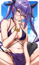 Rule 34 | 1girl, absurdres, bare shoulders, bikini, black bikini, black tail, blue eyes, border, breasts, demon girl, demon tail, glasses, highres, hololive, large breasts, navel piercing, ooike teru, parted lips, piercing, purple hair, sky, smile, solo, sunlight, swimsuit, tail, tokoyami towa, twintails, virtual youtuber, white border