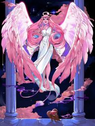 2girls angel angel_wings colored_skin cookie_run cookie_run:_kingdom curly_hair demon_girl demon_tail demon_wings dress eternal_sugar_cookie feathered_wings halo highres hollyberry_cookie latta_7 long_hair multiple_girls pink_dress pink_hair pink_skin slit_pupils tail wings