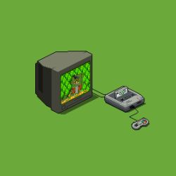 1boy 2girls animated animated_gif character_request game_console green_background isometric multiple_girls nintendo pixel_art seiken_densetsu seiken_densetsu_2 super_famicom super_famicom_cartridge super_famicom_gamepad television wanpaku_pixels