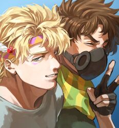 2boys battle_tendency black_gloves blonde_hair brown_hair caesar_anthonio_zeppeli facial_mark fingerless_gloves gloves green_eyes green_scarf hair_ornament headband jojo_no_kimyou_na_bouken joseph_joestar joseph_joestar_(young) looking_at_viewer mask mouth_mask multicolored_scarf multiple_boys scarf selfie shirt smile striped_clothes striped_scarf togusa_jj triangle_print v vertical-striped_clothes vertical-striped_scarf white_shirt wing_hair_ornament yellow_scarf