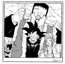 1girl 3boys android_8 crossed_arms dragon_ball dragonball_z fenyon group_picture halftone long_hair medium_hair monochrome multiple_boys muscular muscular_male no_eyebrows one_eye_closed outdoors parted_lips selfie smile son_goku spiked_hair suno_(dragon_ball) thumbs_up twitter_username v vegeta