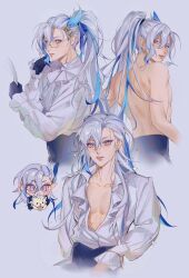 Rule 34 | 1boy, back, black gloves, blue hair, chibi, closed mouth, commentary, english commentary, genshin impact, ggelus, gloves, hair between eyes, hair pulled back, high ponytail, highres, long hair, long sleeves, looking back, male focus, multicolored hair, neuvillette (genshin impact), open clothes, ponytail, purple eyes, rectangular eyewear, semi-rimless eyewear, slit pupils, solo, streaked hair, teeth, toned, toned male, topless male, twitter username, white hair