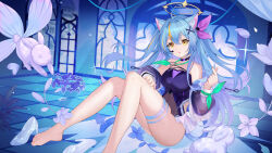 Rule 34 | 1girl, animal ears, bare shoulders, barefoot, blue hair, breasts, bug, butterfly, cybermyth, flower, highres, insect, long hair, plant, rebellion godsoul, solo