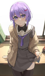 1girl a.i._voice absurdres black_undershirt cardigan clothes_lift gukr4322 highres indoors open_cardigan open_clothes purple_eyes purple_hair sailor_collar school_uniform short_hair skirt skirt_lift solo thighhighs turtleneck voiceroid yuzuki_yukari yuzuki_yukari_(shizuku)