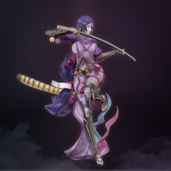 1girl 3d black_gloves bracer breasts fate/grand_order fate_(series) female_focus fingerless_gloves full_body gloves highres holding holding_sword holding_weapon katana large_breasts leg_up leslyzerosix long_hair low-tied_long_hair minamoto_no_raikou_(fate) purple_eyes purple_hair sandals sheath solo sword very_long_hair weapon