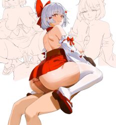 Rule 34 | 1boy, 1girl, absurdres, bow, breasts, copyright request, cowgirl position, cum, cum in pussy, cum overflow, ejaculation, erection, girl on top, grin, hair bow, hetero, highres, indie virtual youtuber, large breasts, looking at viewer, mimi (henemimi), multiple views, nipples, paizuri, penis, projectile cum, red bow, red eyes, sex, short hair, smile, solo focus, straddling, thernz, thighhighs, uncensored, vaginal, white background, white hair, white thighhighs