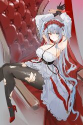 1girl absurdres armpits azur_lane between_breasts black_pantyhose blue_eyes bound bound_wrists breasts chair collar commentary detached_sleeves dress elbing_(azur_lane) elbing_(the_throne_of_misfortune)_(azur_lane) flantia frilled_hairband frills hairband heterochromia high_heels highres large_breasts long_hair looking_at_viewer magic_circle official_alternate_costume on_chair pantyhose red_eyes red_hairband red_shoes shoes sitting sleeveless sleeveless_dress solo strap_between_breasts torn_clothes torn_pantyhose white_collar white_dress