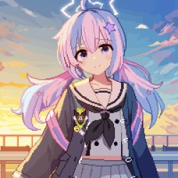 1girl backpack bag black_jacket black_neckerchief blue_archive blue_hair closed_mouth commentary grey_shirt grey_skirt hair_ornament halo jacket long_hair looking_at_viewer miniskirt multicolored_hair neckerchief outdoors pink_bag pink_hair pixel_art pleated_skirt purple_eyes reisa_(blue_archive) sailor_collar school_uniform shirt skirt smile solo star_(symbol) star_hair_ornament star_halo tinia_etru twintails white_halo white_sailor_collar