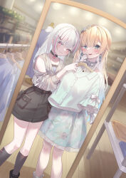 Rule 34 | 2girls, absurdres, aizawa ema, aizawa ema (3rd costume), alternate costume, asumi sena, bare shoulders, black skirt, blonde hair, blue dress, blue eyes, blue hair, cattleya regina games, clothes hanger, clothes in front, clothes shop, clothing cutout, dress, dutch angle, earrings, flower earrings, gradient hair, hair flaps, highres, holding, holding clothes hanger, jacket, jewelry, kurumi tsuchi, lace, lace-trimmed shirt, lace trim, long hair, long sleeves, looking at viewer, miniskirt, mirror, multicolored hair, multiple girls, pink eyes, pink hair, reflection, shirt, shoulder cutout, skirt, smile, streaked hair, trying on clothes, very long hair, virtual youtuber, vspo!, white hair, white jacket, white shirt