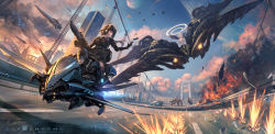 1boy 2girls absurdres ahoge aircraft airplane angel angel_wings arm_up attack barefoot battle black_gloves black_hair blue_eyes blue_sky body_armor breasts bridge building burning car chasing city cloud cloudy_sky combat_knife commentary completion_time day debris dress energy_gun explosion explosive facial_hair feathered_wings feathers fighter_jet fire firing fisheye flying full_moon gloves glowing grenade gun halo headset helmet highres holding holding_gun holding_weapon hover_bike hover_vehicle knife lightning long_hair looking_back machinery mecha mechanical_wings medium_breasts military military_vehicle missile moon motor_vehicle multi-lane_road multiple_girls original outdoors outstretched_arm perspective planet ponytail revision riding road robot scenery science_fiction shadow sheath sheathed sidelighting signature sky skyscraper smoke smoke_trail soraizumi sports_car standing sunset suspension_bridge tactical_clothes twitter_username unused_tire vanishing_point vehicle_chase watermark weapon wheel white_dress white_hair wind wings