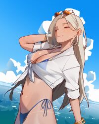 Rule 34 | 1girl, bikini, blonde hair, blue bikini, blue sky, blush, bracelet, breasts, centi (nikke), centi (ocean repair) (nikke), closed eyes, closed mouth, cloud, earrings, eyewear on head, goddess of victory: nikke, heart, heart-shaped eyewear, high-waist bikini, highres, holypotato0, hoop earrings, jewelry, large breasts, long hair, navel, ocean, official alternate costume, orange-tinted eyewear, outdoors, see-through clothes, shirt, sky, smile, sunglasses, swimsuit, tan, tanline, thong, thong bikini, tied shirt, tinted eyewear, water, white shirt