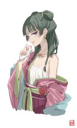 1girl aoqun blue_eyes chinese_clothes commentary double_bun earrings flat_chest green_hair hair_bun hair_ornament hanfu highres holding holding_napkin jewelry kusuriya_no_hitorigoto lips lipstick_mark long_sleeves looking_at_viewer maomao_(kusuriya_no_hitorigoto) medium_hair napkin necklace pink_hanfu pink_skirt profnote simple_background single_bare_shoulder single_off_shoulder skirt solo strapless tongue tongue_out tube_top upper_body white_background white_tube_top wide_sleeves