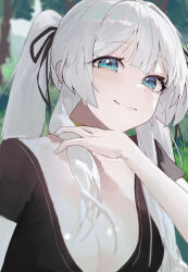 1girl absurdres black_ribbon black_shirt blue_eyes blush breasts cleavage closed_mouth hair_ribbon highres large_breasts long_hair looking_at_viewer mac_star original ponytail ribbon shirt short_sleeves solo upper_body white_hair