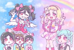 1boy 5girls :3 :d :o ;d abukero ahoge arm_up arms_up backpack bag black_bag black_hair black_ribbon blonde_hair blue_hair blue_sky bow braid braided_twintails brother_and_sister brown_hair clenched_hands collarbone collared_shirt commentary_request double_m/ dress feet_out_of_frame gloves gradient_hair gradient_sky hair_between_eyes hair_bow hairband hands_up highres holding holding_microphone index_fingers_raised jacket light_blue_hair long_hair love_live! love_live!_school_idol_project love_live!_superstar!! low_twin_braids m/ medium_hair microphone multicolored_hair multiple_girls neck_ribbon no_rain_no_rainbow_(love_live!) official_alternate_costume one_eye_closed onitsuka_natsumi onitsuka_tomari open_clothes open_jacket open_mouth parted_bangs pink_bow pink_dress pink_eyes pink_hair pink_hairband pink_shirt pink_sky pink_socks rain_poncho rainbow raincoat red_eyes ribbon see-through_clothes see-through_raincoat shirt short_dress short_hair siblings side_ponytail sidelocks single_off_shoulder sisters sky sleeveless sleeveless_dress smile socks twin_braids twintails white_gloves white_shirt white_wings wings yazawa_cocoa yazawa_cocoro yazawa_cotaro yazawa_nico yellow_jacket