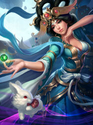 Rule 34 | 1girl, absurdres, artist request, black hair, breasts, brown eyes, chang&#039;e (smite), chinese clothes, closed mouth, crown, dress, highres, magic, rabbit, smite, solo