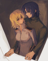 Rule 34 | 1boy, 1girl, athrun zala, behind another, blonde hair, blue hair, cagalli yula athha, commentary request, couple, green eyes, gundam, gundam seed, hetero, holding hands, long sleeves, she (morianosu), shirt, short hair, turtleneck, yellow eyes