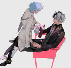 2boys black_hair black_pants blue_hair bottle chair coat coat_on_shoulders cup formal_clothes grey_background grey_hair hair_between_eyes highres holding holding_bottle jewelry long_sleeves looking_at_another mahoutsukai_no_yakusoku male_focus multicolored_hair multiple_boys necktie on_chair pants ponytail qyzhiaiyisheng red_eyes short_hair simple_background sitting sitting_on_lap sitting_on_person two-tone_hair
