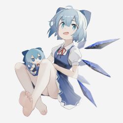 1girl absurdres ahoge bare_legs barefoot blue_bow blue_dress blue_eyes blue_hair bow check_commentary cirno cirno_day collared_dress commentary_request dress feet foot_focus full_body fumo_(doll) grey_background hair_bow highres ice ice_wings on_floor open_mouth puffy_short_sleeves puffy_sleeves red_ribbon ribbon short_hair short_sleeves simple_background sitting soles toes touhou wings ykuu_yousei
