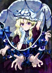 1girl absurdres blonde_hair bow commentary_request disembodied_eye dress frilled_umbrella frills gap_(touhou) gloves hair_ribbon hat hat_ribbon highres kimura8556spsk long_hair looking_at_viewer mob_cap official_alternate_color purple_eyes reaching reaching_towards_viewer ribbon smile touhou umbrella white_umbrella yakumo_yukari