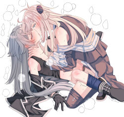 Rule 34 | 1futa, 1girl, bar censor, blonde hair, breath, censored, clothed sex, duel monster, emptyayya, futa with female, futanari, green eyes, grey hair, highres, kiss, motion lines, penis, sex, simple background, sky striker ace - raye, sky striker ace - roze, tears, vaginal, white background, yu-gi-oh!