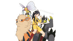 1girl ;) ahoge araragi_karen arcanine battle_dome beedrill black_hair black_shirt blush closed_mouth crossover egg_hair_ornament fangs fangs_out food-themed_hair_ornament fooring gen_1_pokemon gen_8_pokemon hair_ornament hood hooded_track_jacket jacket kneehighs legendary_pokemon long_hair long_sleeves monogatari_(series) nintendo nisemonogatari one_eye_closed pokemon pokemon_(creature) red_socks shirt shorts side_ponytail simple_background smile socks track_jacket twitter_username urshifu watermark white_background yellow_jacket yellow_shorts