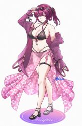 1girl alternate_costume belt bikini black_bikini breasts cleavage coat commentary_request eyewear_on_head full_body hal_aluha highres honkai:_star_rail honkai_(series) kafka_(honkai:_star_rail) large_breasts navel oval_background purple_background purple_coat purple_eyes purple_hair purple_sarong round_eyewear sarong see-through_clothes see-through_sarong short_hair solo standing stomach sunglasses swimsuit thigh_belt thigh_strap white_background