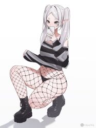 1girl artist_name black_boots black_panties boots cellphone clothes_lift contemporary elf fishnet_pantyhose fishnets frieren full_body green_eyes highres holding holding_phone long_pointy_ears miyuchiq navel navel_piercing off-shoulder_sweater off_shoulder panties pantyhose parted_bangs phone photo-referenced piercing platform_boots pointy_ears selfie simple_background sleeves_past_wrists smartphone solo sousou_no_frieren squatting striped_clothes striped_sweater sweater sweater_lift thighs twitter_username twitter_x_logo underwear white_background