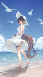 1girl alternate_costume bare_legs barefoot beach bird black_hair blue_sky brat_(brabrabrat00) closed_mouth cloud colored_inner_hair dress ellen_joe fins fish_tail footprints from_behind from_side full_body hair_between_eyes hat highres looking_at_viewer multicolored_hair ocean outdoors red_eyes red_hair sand shadow shark_girl shark_tail short_hair sidelocks sky sleeveless sleeveless_dress solo standing tail two-tone_hair water white_bird white_dress white_hat zenless_zone_zero