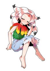 Rule 34 | 1girl, alphes (style), barefoot, black hair, blue skirt, blush, capelet, closed eyes, closed mouth, colored tips, commentary request, dairi, facial mark, facing viewer, feather capelet, feathers, flat chest, forehead, forehead mark, fossilized wonders, full body, gradient feathers, green leaf, hand up, houjuu chimi, leaf clothing, leaf shirt, light frown, long hair, multicolored hair, parody, red feathers, shirt, simple background, skirt, sleeveless, sleeveless shirt, smile, solo, style parody, sweatdrop, tachi-e, touhou, transparent background, white hair, yellow feathers