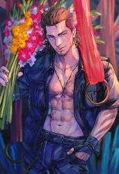 1boy abs arm_tattoo bara black_jacket brown_eyes brown_hair closed_mouth facial_hair final_fantasy final_fantasy_xv flower gladiolus_amicitia highres holding holding_flower jacket koro_mma looking_at_viewer male_focus muscular muscular_male open_clothes open_shirt pants scar scar_on_face scar_on_forehead smile stubble tattoo