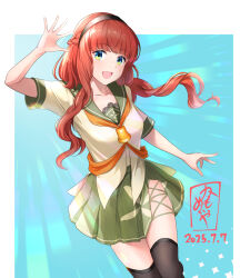 1girl black_thighhighs blunt_bangs braid breasts dated de_ruyter_(kancolle) green_eyes green_sailor_collar green_skirt highres kamo_mayor kantai_collection long_hair medium_breasts miniskirt neckerchief open_mouth orange_neckerchief pleated_skirt red_hair sailor_collar school_uniform serafuku shirt short_sleeves side_braid skirt solo thighhighs