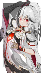 Rule 34 | 1girl, arm up, black hair, border, chinese clothes, chinese commentary, clawed gauntlets, closed mouth, collarbone, commentary request, cowboy shot, dress, feather hair ornament, feathers, flat chest, fu hua, fu hua (crane of taixuan), fu hua (fenghuang of vicissitude), fu hua (garuda), grey background, grey hair, hair between eyes, hair ornament, highres, honkai (series), honkai impact 3rd, looking at viewer, multicolored hair, official alternate costume, ponytail, red eyes, simple background, siyue, solo, streaked hair, white border, white dress, yellow pupils