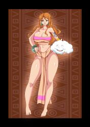 Rule 34 | 1girl, 1other, barefoot, black border, border, bracelet, breasts, chel (el dorado) (cosplay), chel (el dorado), cleavage, cloud, cosplay, curvy, earrings, female focus, full body, hand on own hip, highres, hinton.blitz, huge breasts, jewelry, long hair, matching hair/eyes, midriff, nami (one piece), navel, one piece, orange eyes, orange hair, shiny skin, skindentation, tattoo, the road to el dorado, wide hips, zeus (one piece)