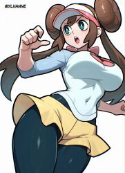 1girl ai-generated black_pantyhose blue_eyes blue_shirt breasts brown_hair cowboy_shot donut_hair_bun double_bun hair_bun hat highres large_breasts nintendo pantyhose pantyhose_under_shorts pink_shirt poke_ball_print pokemon pokemon_bw2 print_shirt rosa_(pokemon) shirt shorts simple_background solo visor_cap white_background white_hat white_shirt yellow_shorts ylvanne